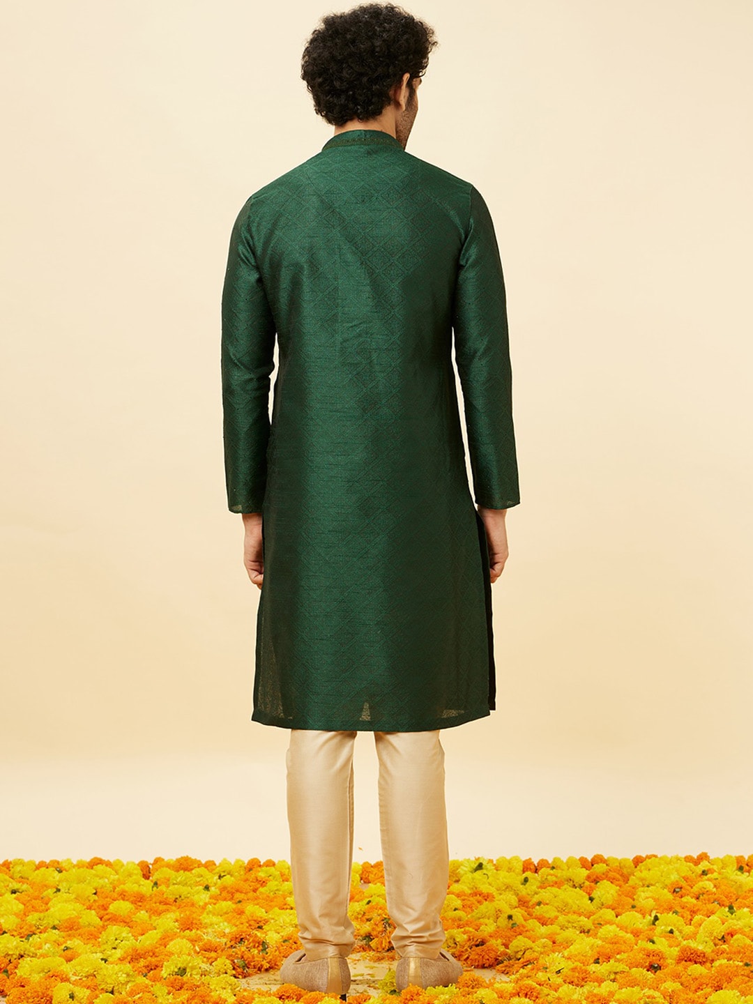 Manyavar Geometric Self Design Mandarin Collar Straight Kurta with Pyjamas - Distacart