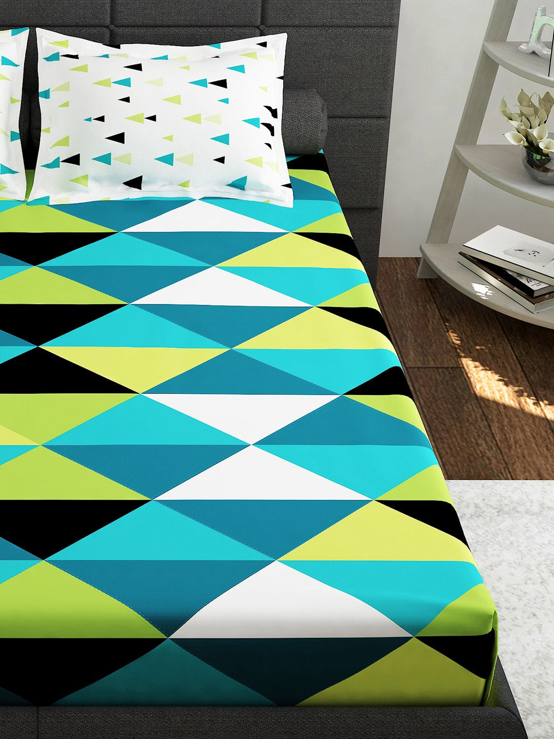 Story@home Ventura Teal & Black Geometric 152 TC Cotton Queen Bedsheet & 2 Pillow Covers - Distacart