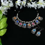 Thumbnail for Mominos Fashion Johar Kamal Women Oxidised Silver-Plated Brass Finish Kundan Choker (Multi) - Distacart