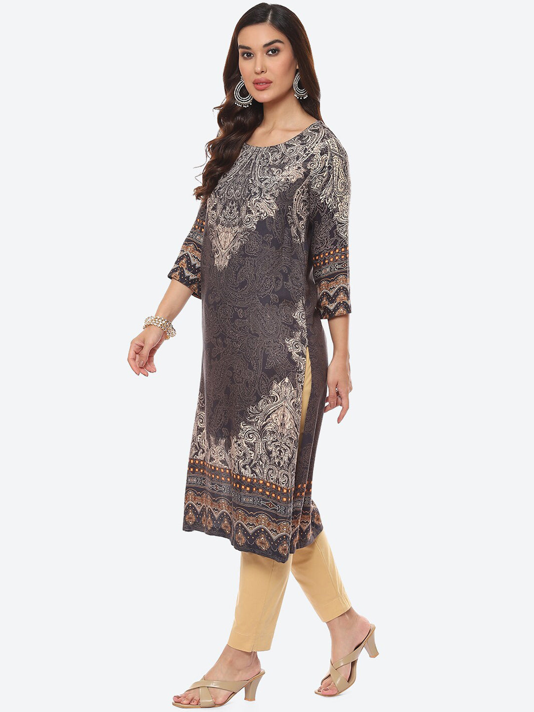 Biba Women Grey & Beige Ethnic Motifs Printed Straight Fit Kurta - Distacart