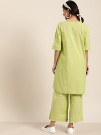 Thumbnail for Sangria Women Green & White Embroidered Pure Cotton Asymmetric Kurta with Palazzos - Distacart