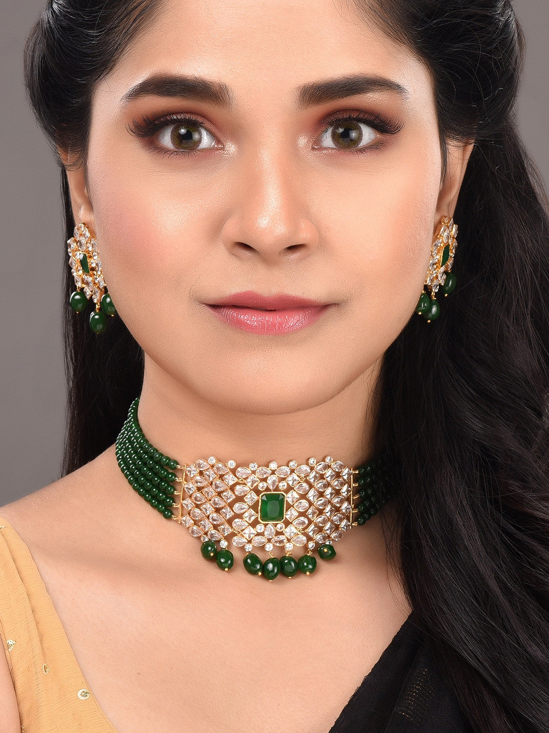 Saraf RS Jewellery Gold-Plated White & Green American Diamond Studded Choker Jewellery Set - Distacart