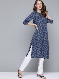 Thumbnail for HERE&NOW Women Navy Blue & White Ethnic Motifs Printed Keyhole Neck Kurta - Distacart