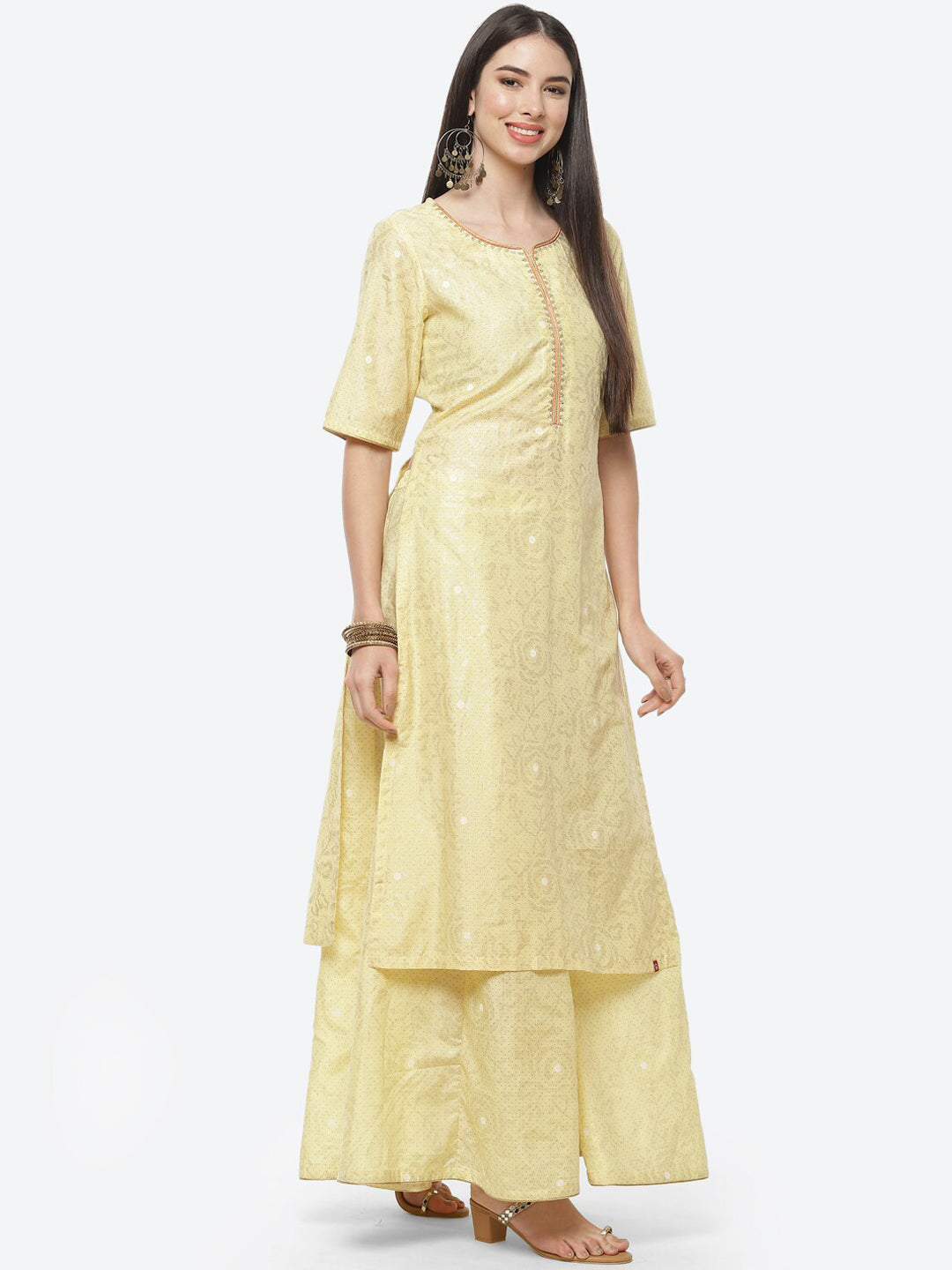 Biba Women Yellow & Rust Printed Kurta with Palazzos & Dupatta - Distacart