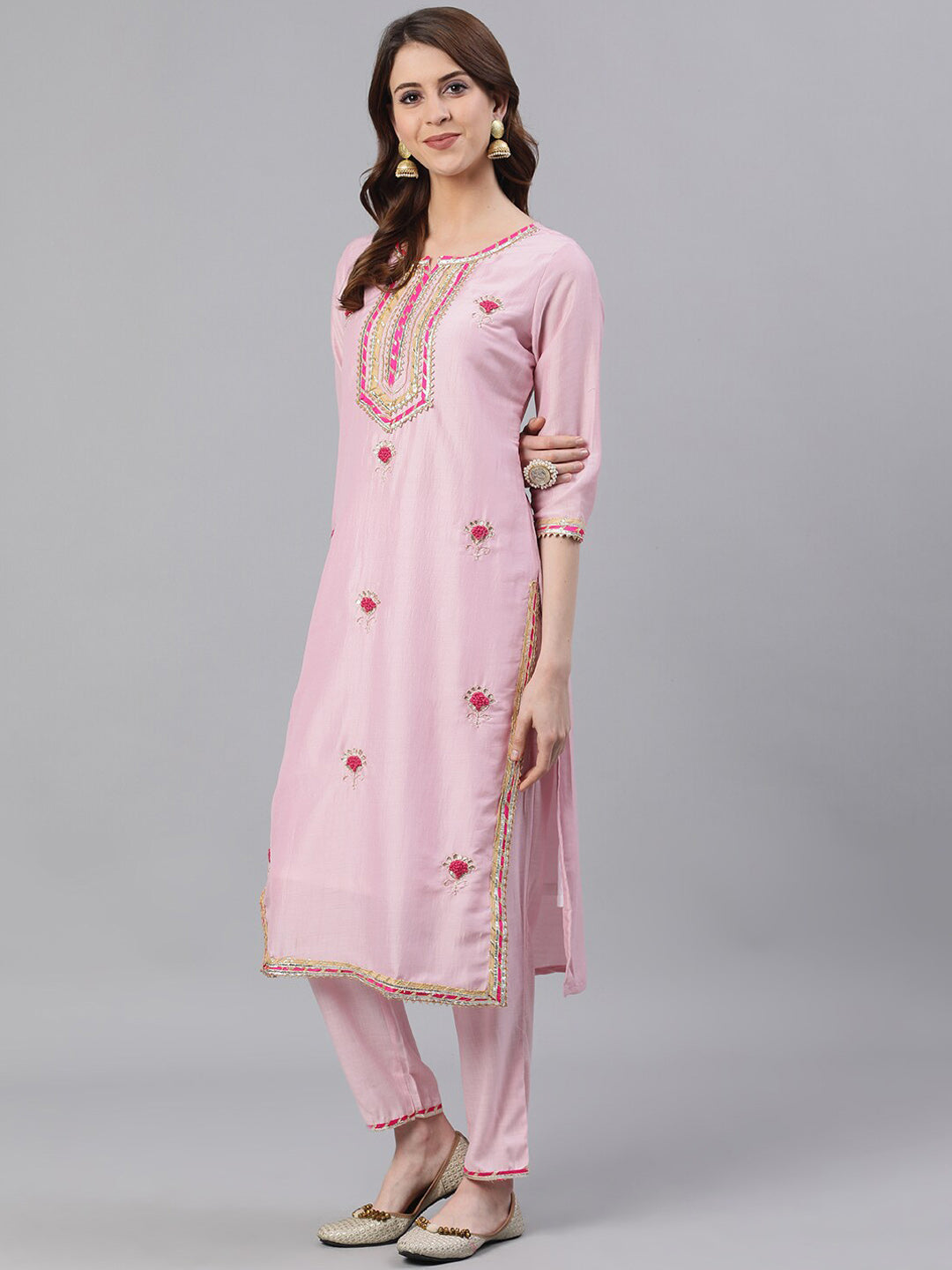 Ishin Women Pink Embroidered Kurta with Trousers & Dupatta - Distacart