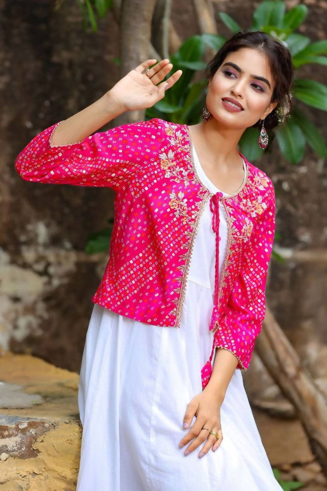 Yufta White and Pink Dress with Ethnic Jacket