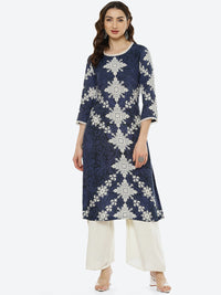 Thumbnail for Biba Women Navy Blue & White Ethnic Motifs Printed Kurta - Distacart