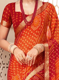 Thumbnail for Anouk Orange & Red Printed Zari Pure Chiffon Bandhani Saree - Distacart