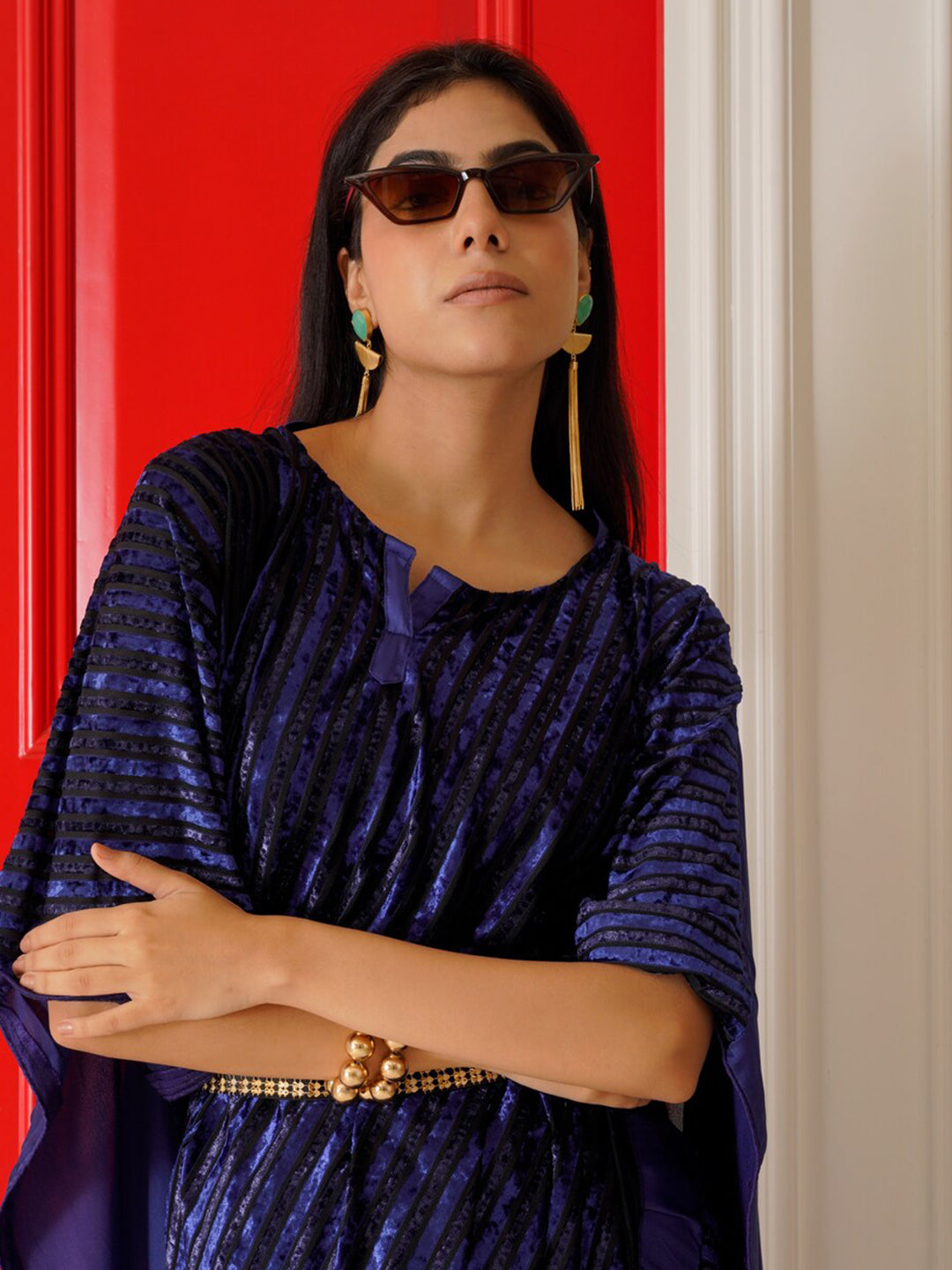 Tikhi Imli Striped Velvet Kaftan Saree - Distacart