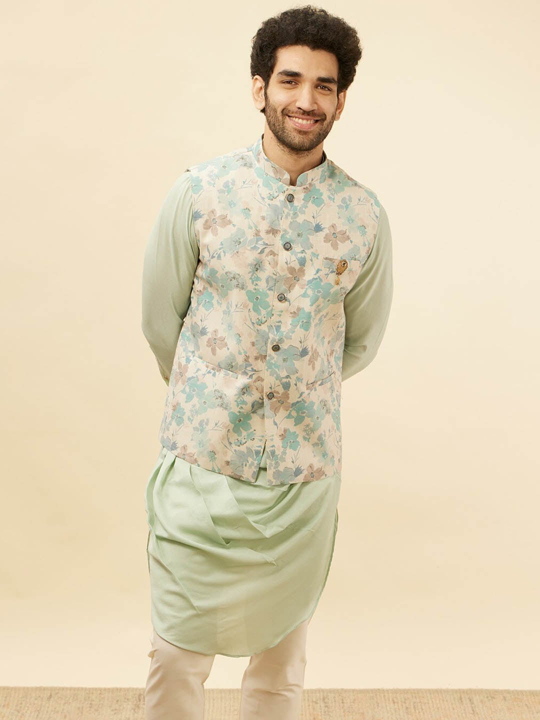 Manyavar Floral Printed Regular Kurta and Trousers With Nehru Jacket - Distacart