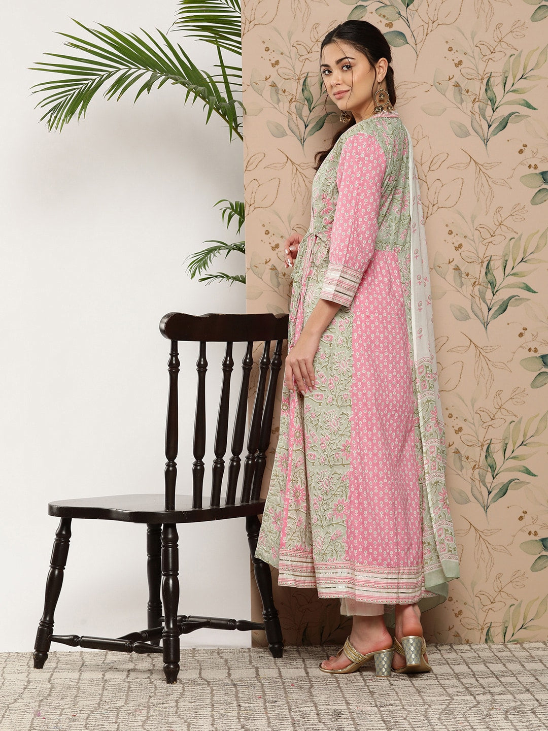 Kalini Floral Printed Angrakha Gotta Patti Pure Cotton Kurta With Dupatta - Distacart