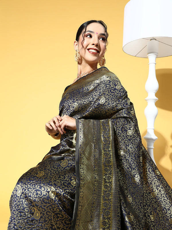 Saree Mall Navy Blue & Gold-Toned Ethnic Motifs Zari Silk Blend Banarasi Sarees - Distacart