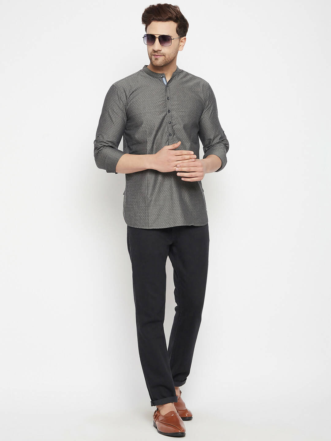 Even Apparels Grey Pure Cotton Short Men's Kurta With Band Collar - Distacart