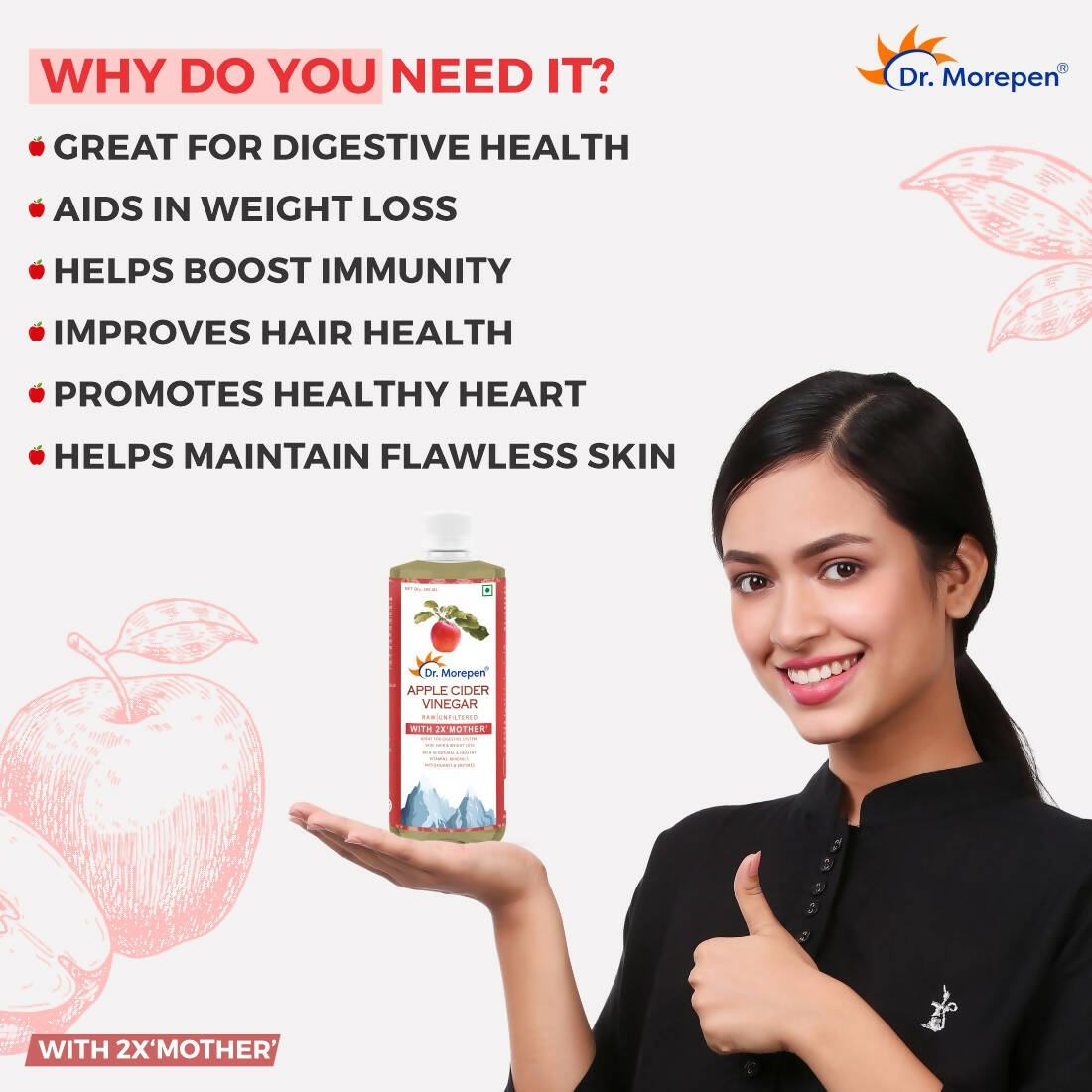 Dr. Morepen Apple Cider Vinegar With 2x Mother for Weight Management, Immunity, Skin & Hair - Distacart