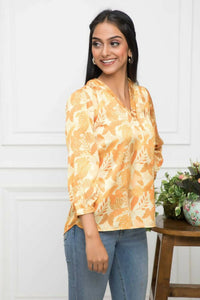 Thumbnail for Myshka Women Floral V-Neck Regular Sleeves Polyester Mustard Top - Distacart