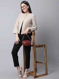 Thumbnail for Even Apparels Cream Linen Cotton Open Front Statement Women's Jacket - Distacart