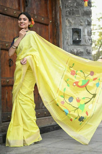 Thumbnail for Very Much Indian Handloom Pure Cotton Fresh Yellow Paithani - Distacart
