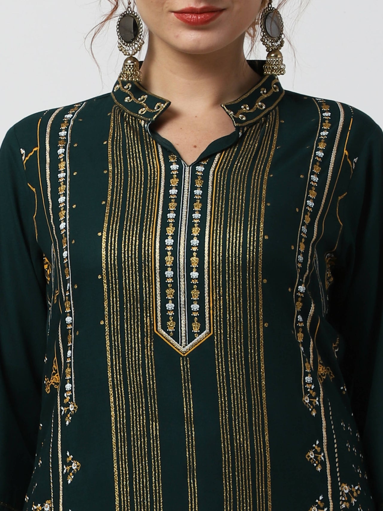 Cheera Embellished Daily Wear Cotton Blend Kurta With Palazoo - Bottle Green - Distacart