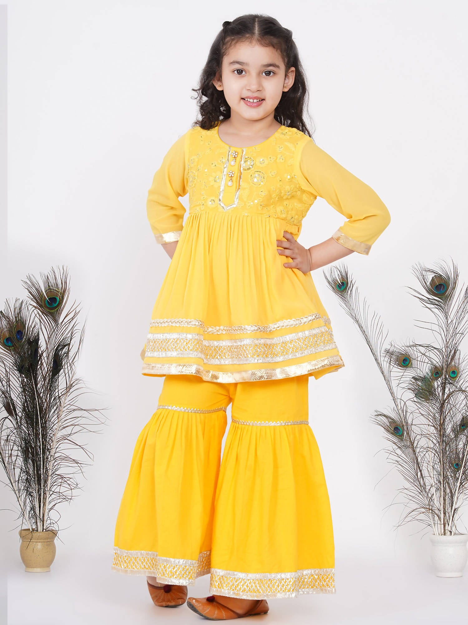 Little Bansi Cotton Gotta Patti Kurta frock with Sharara & Dupatta - Yellow - Distacart