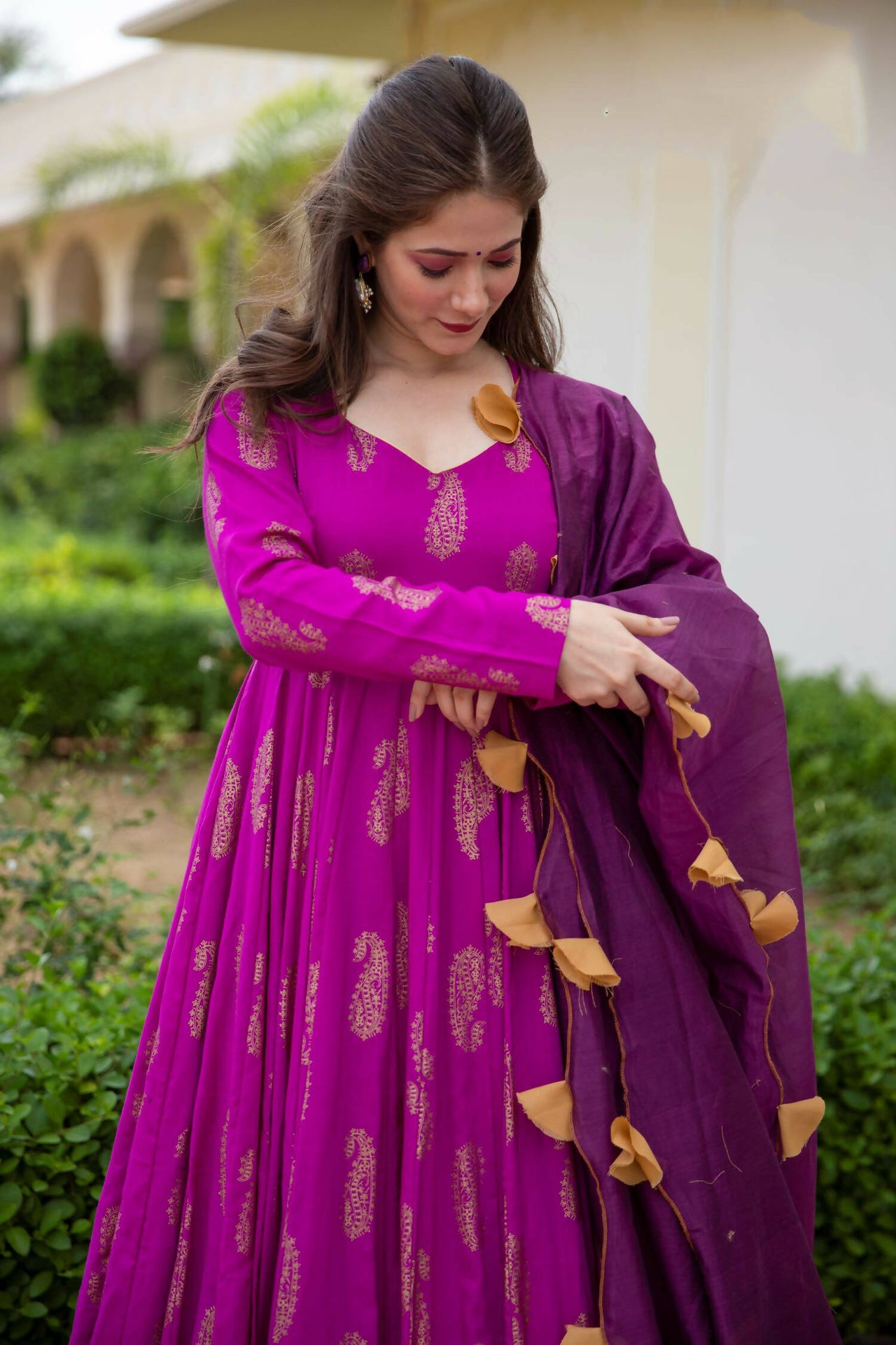 Purple Pure Reyon Gold Foil Work Stitched Suit With Dupatta - Anbazaar - Distacart