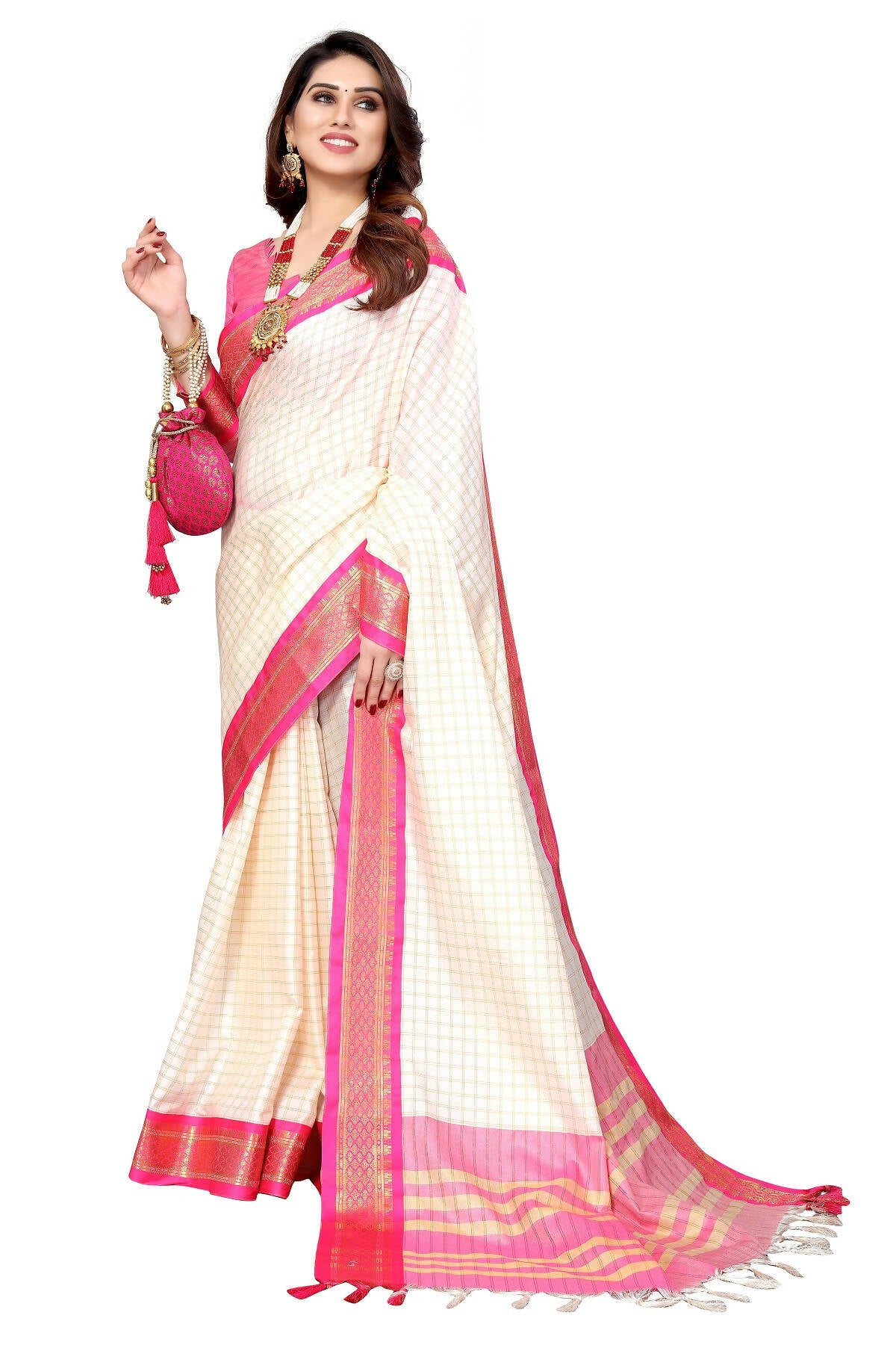 Vamika Weaving White Cotton Silk Saree (DEVAL PINK) - Distacart