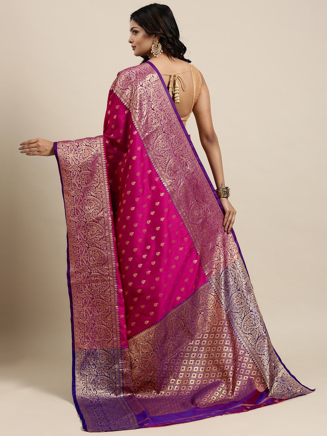 Mitera Pink & Golden Ethnic Motifs Banarasi Saree with Zari Border - Distacart
