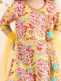 Thumbnail for Girls Yellow Floral Printed Angrakha Pure Cotton Kurta With Trousers With Dupatta - Mini Marvels - Distacart
