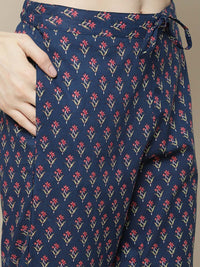 Thumbnail for Sangria Women Navy Blue Floral Printed Pure Cotton Kurti with Trousers & With Dupatta - Distacart