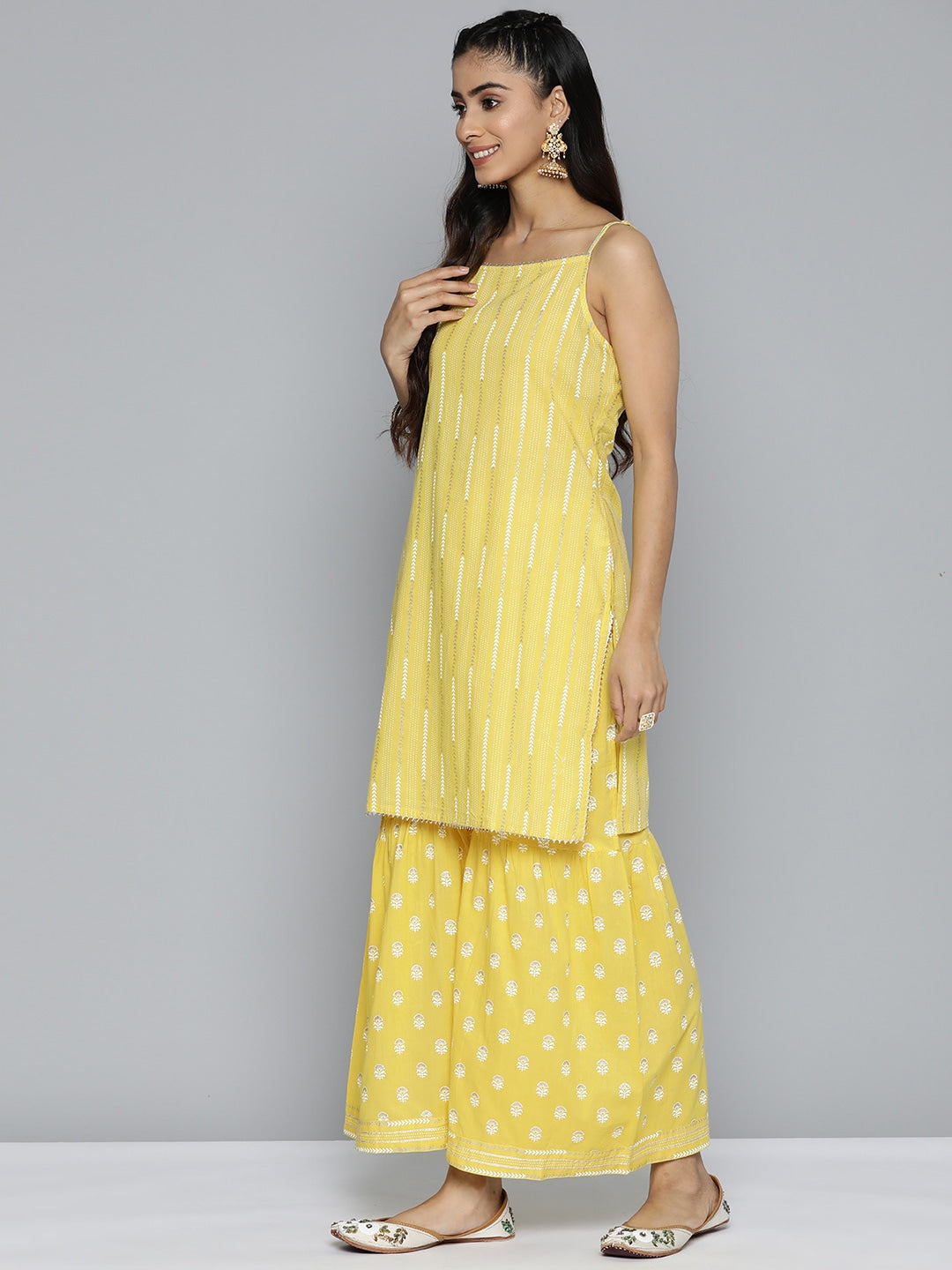 HERE&NOW Ethnic Motifs Printed Gotta Patti Pure Cotton Kurta with Sharara & Dupatta - Distacart