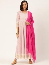Thumbnail for HERE&NOW Women White And Pink Polka Dot Print Cotton Anarkali Kurta With Dupatta - Distacart