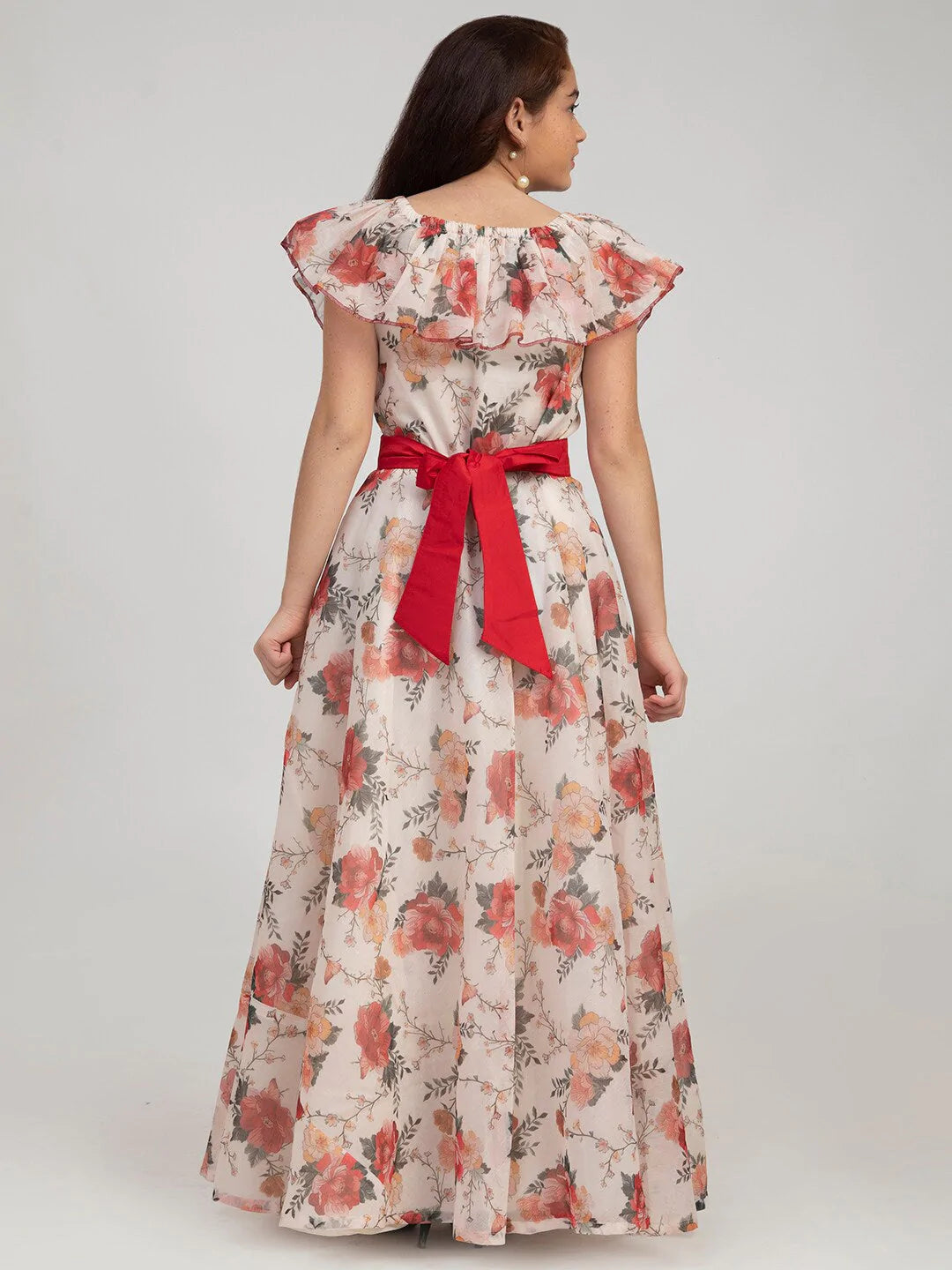 NOZ2TOZ Off White & Red Floral Print Maxi Dress For Girls - Distacart