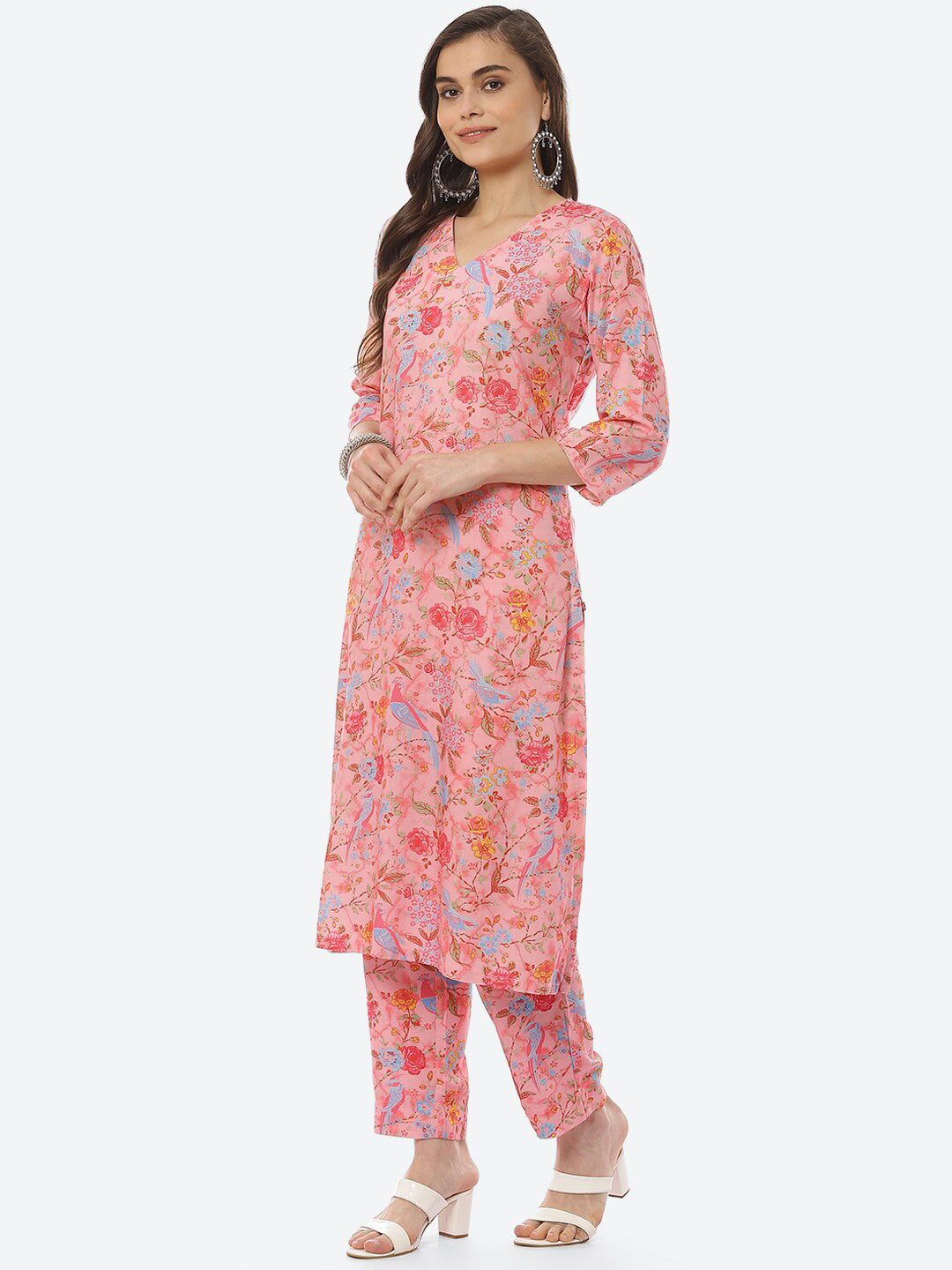 Biba Women Pink Floral Printed Regular Kurta with Trousers - Distacart