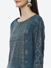 Thumbnail for Biba Women Teal Ethnic Motifs Printed Mirror Work Kurta - Distacart