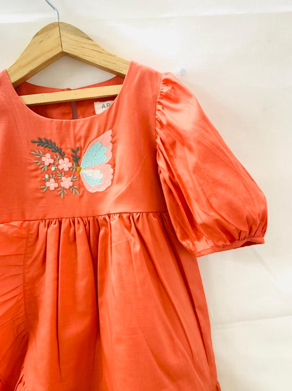 ArthLife Orange Butterfly Embroidered Dress - Distacart