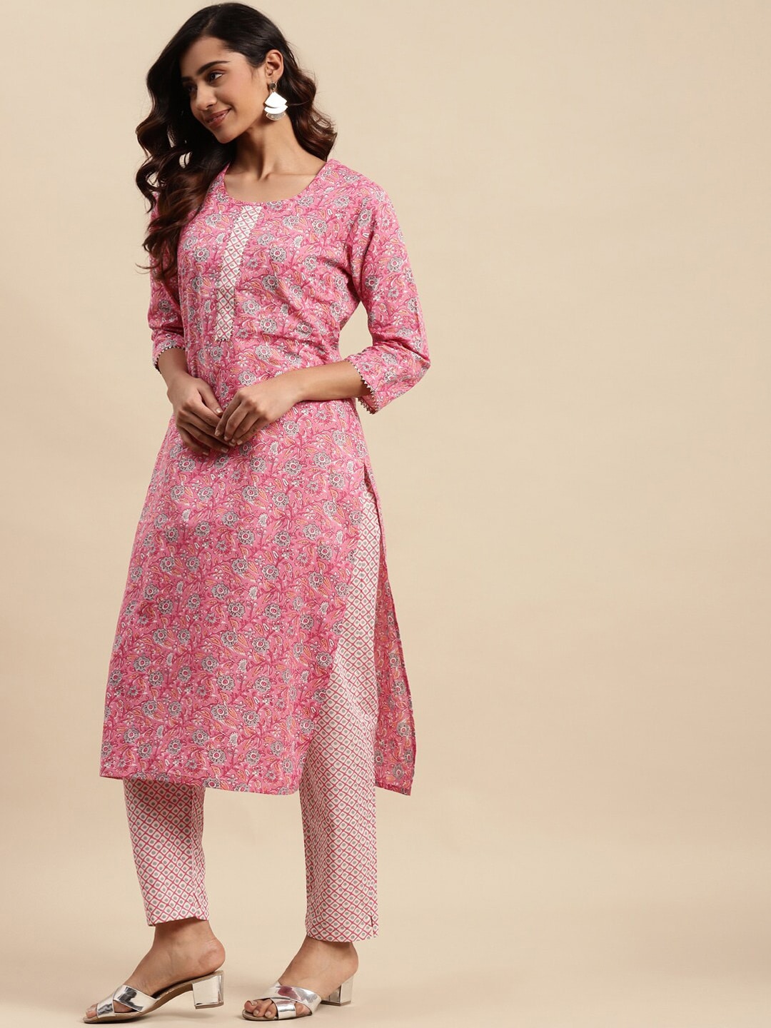 Sangria Floral Printed Gotta Patti Pure-Cotton A-Line Kurta With Trouser & Dupatta - Distacart