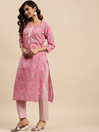 Thumbnail for Sangria Floral Printed Gotta Patti Pure-Cotton A-Line Kurta With Trouser & Dupatta - Distacart