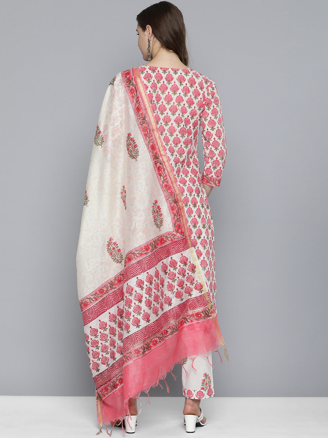 HERE&NOW Women Floral Printed Regular Pure Cotton Kurta with Trousers & With Dupatta - Distacart