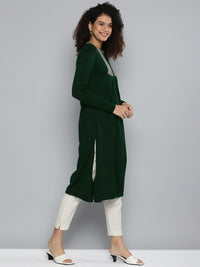 Thumbnail for HERE&NOW Women Green Yoke Design Knitted Kurta - Distacart