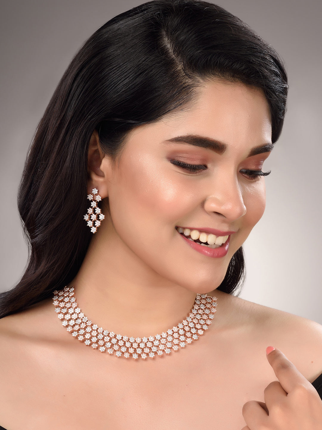 Saraf RS Jewellery White Rose Gold-Plated AD Studded Necklace Jewellery Set - Distacart