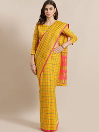 Thumbnail for Saree Mall Mustard & Coral Checked Silk Cotton Sarees - Distacart