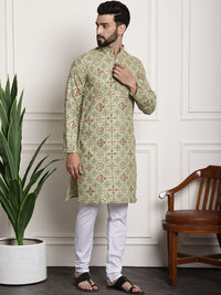 Thumbnail for Sojanya Men Green Printed Cotton Linen Kurta with Churidar - Distacart