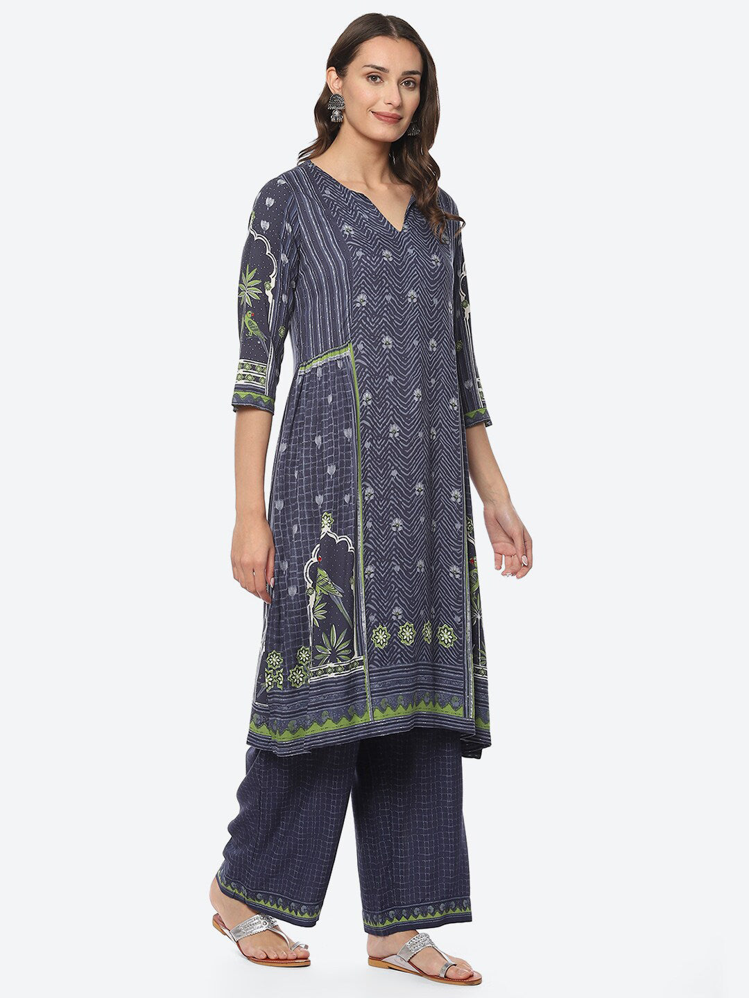 Biba Ethnic Motifs Printed Pleated Kurta with Palazzos & Dupatta - Distacart