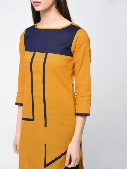 Aniyah Cotton Color Block Straight Kurta In Mustard Color (AN-102K)