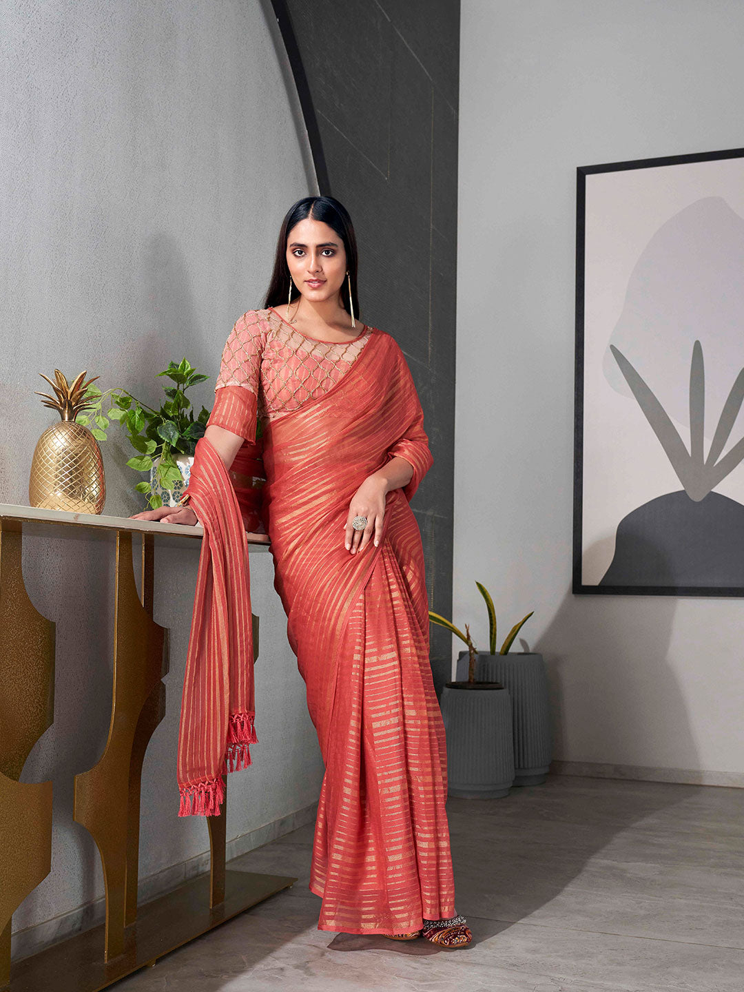 Tikhi Imli Striped Chiffon Ready to Wear Saree - Distacart