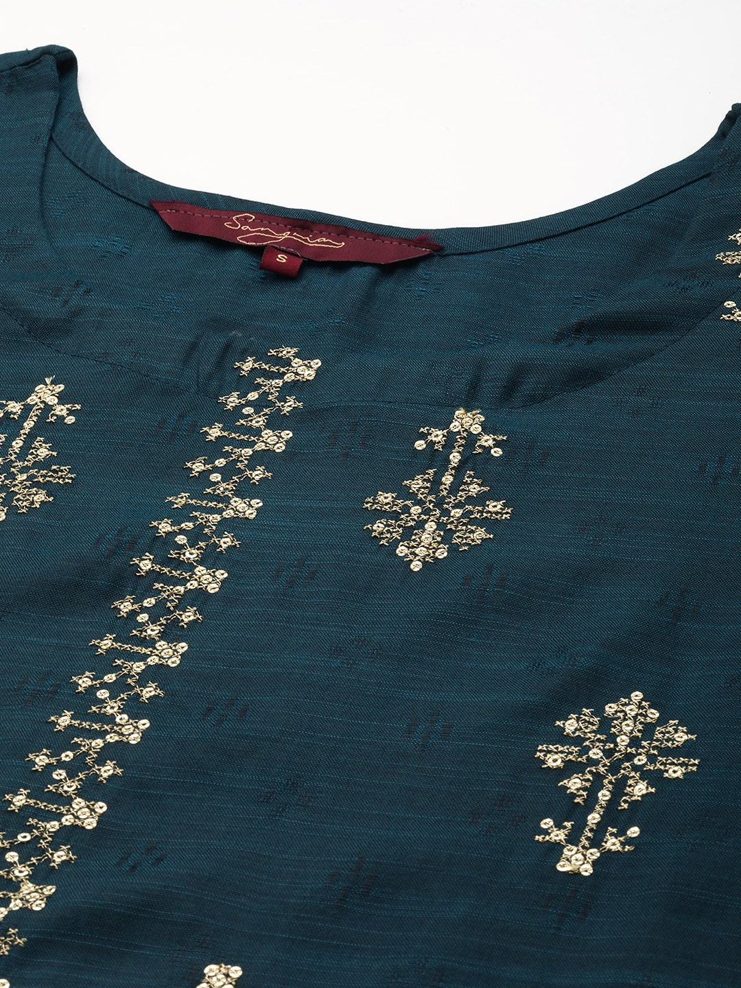 Sangria Teal Blue & Golden Embroidered Regular Kurta - Distacart