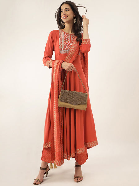 Khushal K Ethnic Motifs Yoke Design Sequinned Anarkali Kurta with Palazzos & Dupatta - Distacart
