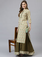 Thumbnail for Khushal K Women Cream-Coloured Printed High Slit Kurta with Skirt - Distacart
