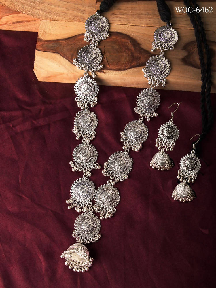 Mominos Fashion Johar Kamal Oxidised Silver Long Necklace Set