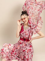 Thumbnail for Tikhi Imli Pretty Pink Printed Poly Georgette Saree - Distacart