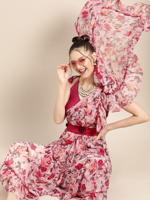 Tikhi Imli Pretty Pink Printed Poly Georgette Saree - Distacart